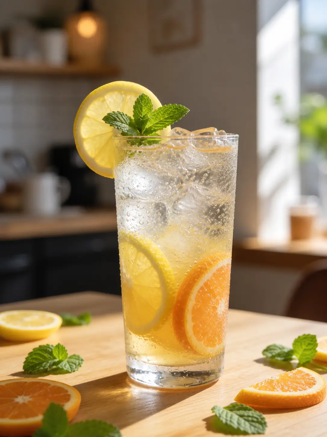 A refreshing sparkling citrus drink with ice, lemon slices, orange slices, bubbles, and fresh mint served in a tall glass on a sunny wooden table.