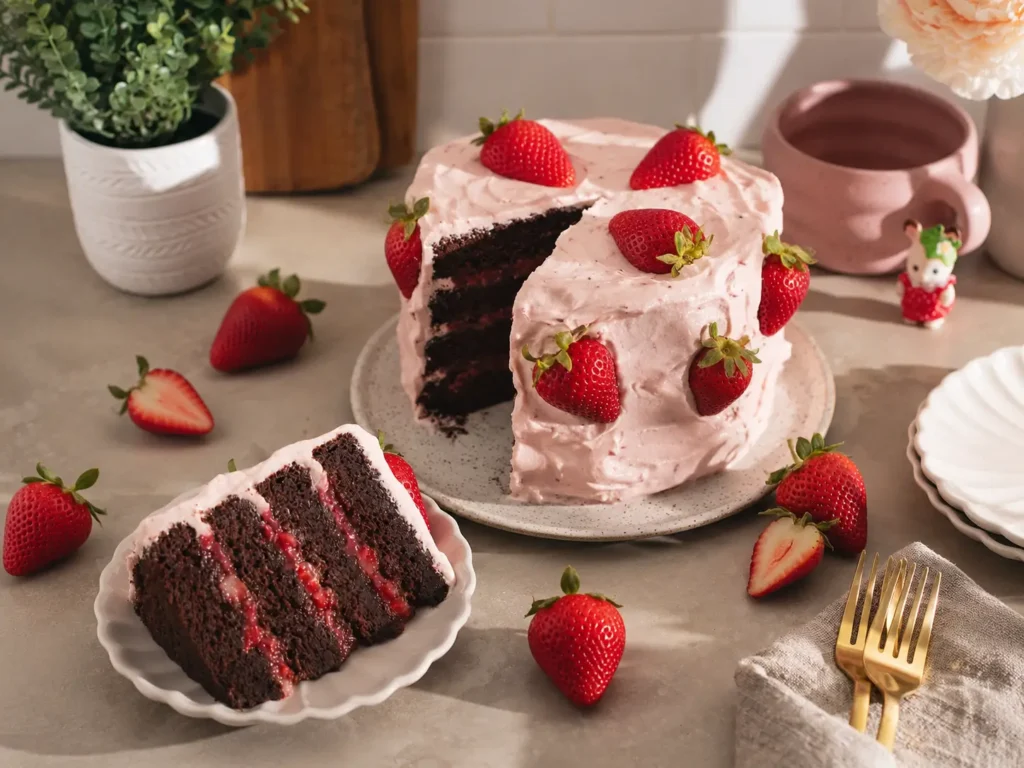 Strawberry Chocolate Cake with strawberry frosting and fresh berries