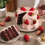 Strawberry Chocolate Cake with strawberry frosting and fresh berries