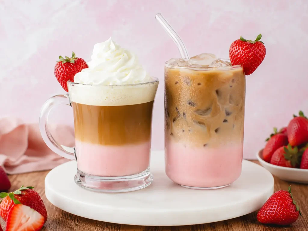 Creamy Strawberry Latte with espresso and pink strawberry milk served over ice