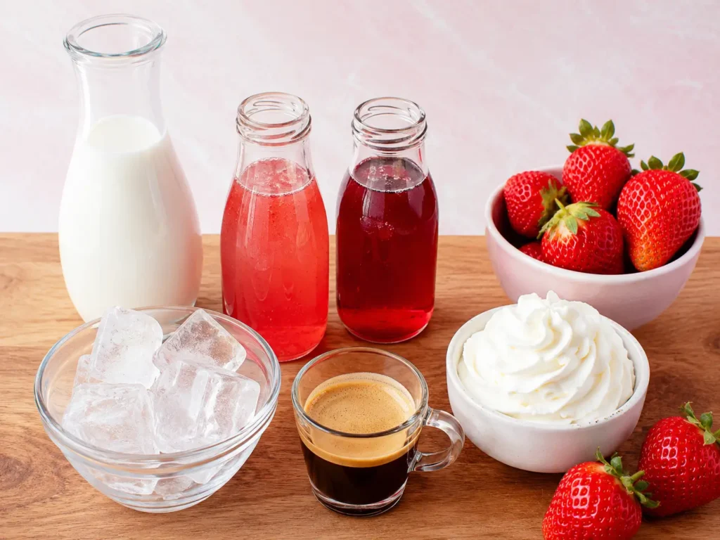 Ingredients for a Strawberry Latte arranged on a wooden table, including milk, strawberry syrup, red velvet syrup, espresso, ice cubes, whipped cream, and fresh strawberries against a soft pink background.