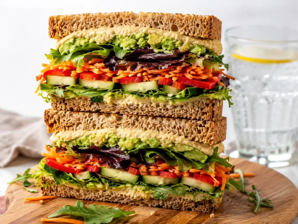 Veggie & Hummus Sandwich with hummus, avocado, cucumber, carrot, greens, and red bell pepper