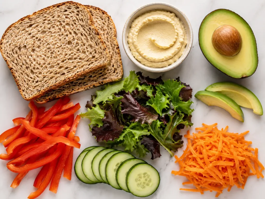 Fresh ingredients for a veggie hummus sandwich, including whole-grain bread, hummus, avocado, mixed greens, red bell pepper, cucumber slices, and shredded carrot arranged on a light surface.