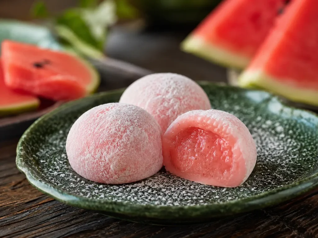 Watermelon Mochi pieces served chilled with fresh fruit