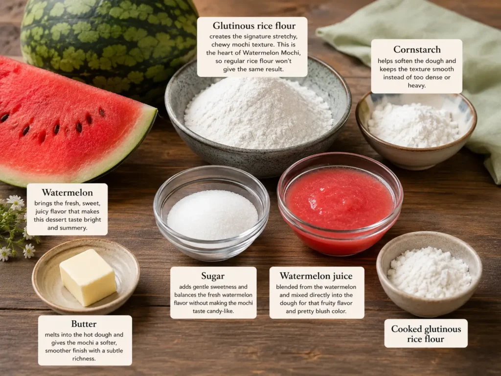 Ingredients for homemade watermelon mochi arranged on a rustic wooden table, including fresh watermelon, glutinous rice flour, cornstarch, sugar, watermelon juice, butter, and cooked glutinous rice flour.