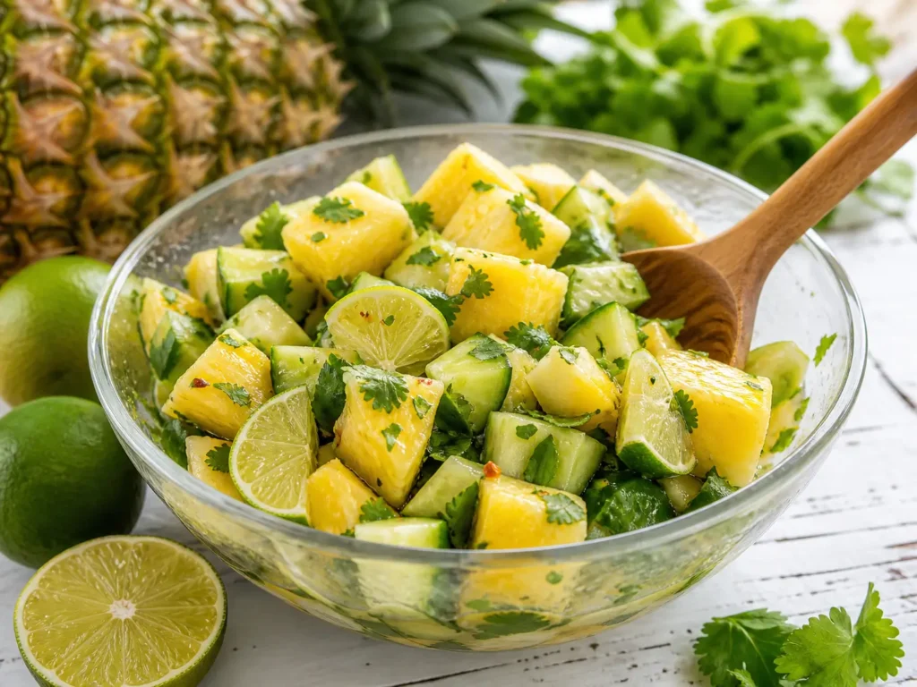Pineapple Cucumber Salad with fresh cucumber, lime, and cilantro in a serving bowl