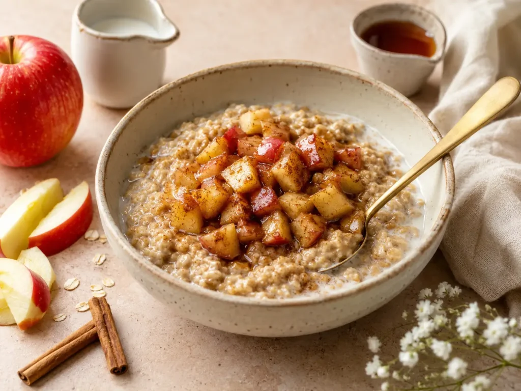 Apple Cinnamon Oatmeal topped with buttery spiced apples and cinnamon