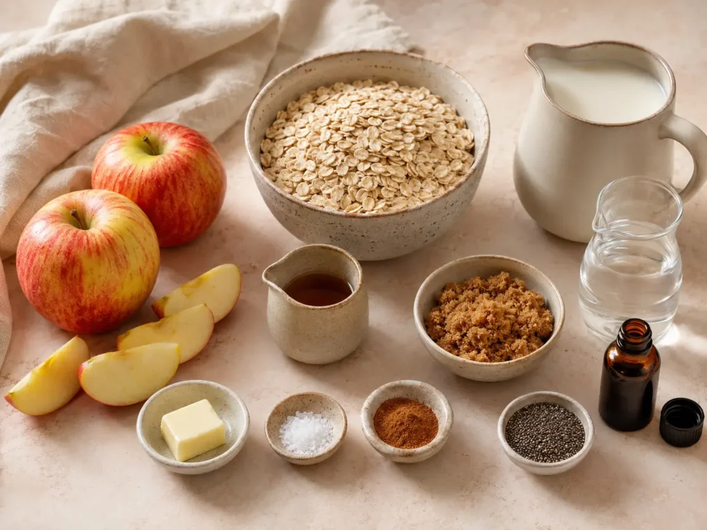 Honeycrisp apples, rolled oats, milk, maple syrup, butter, brown sugar, cinnamon, chia seeds, vanilla, salt, and water arranged on a stone tabletop.
