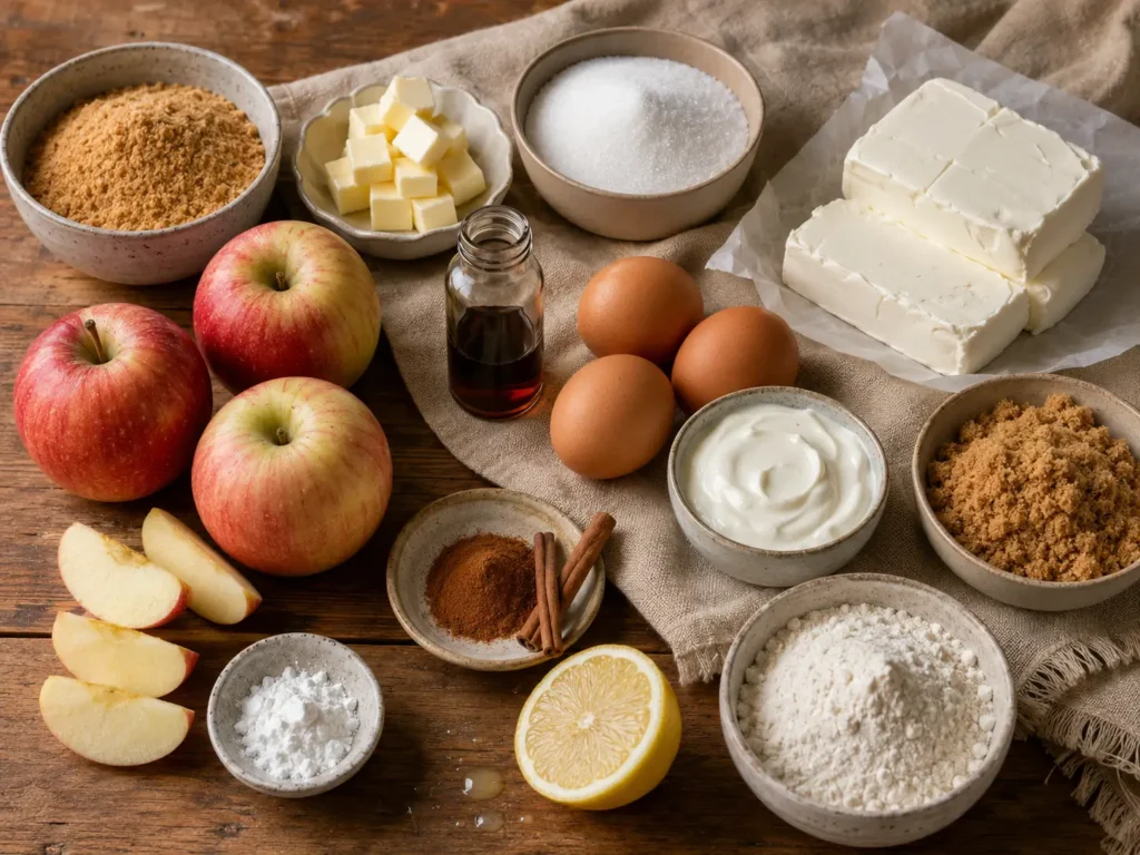 Apple crumble cheesecake ingredients arranged on a rustic wooden table, including apples, cream cheese, eggs, butter, sugars, flour, cinnamon, lemon, sour cream, vanilla, cornstarch, and graham cracker crumbs.