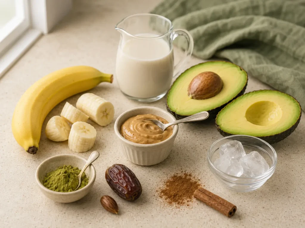 Avocado banana smoothie ingredients arranged on a cream countertop, including banana, avocado, almond milk, Medjool date, almond butter, cinnamon, moringa powder, and ice cubes.