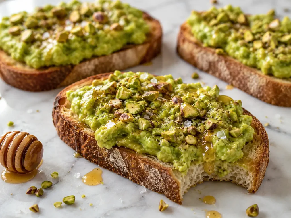 Avocado Toast with Honey and Pistachios topped with sea salt and crushed nuts