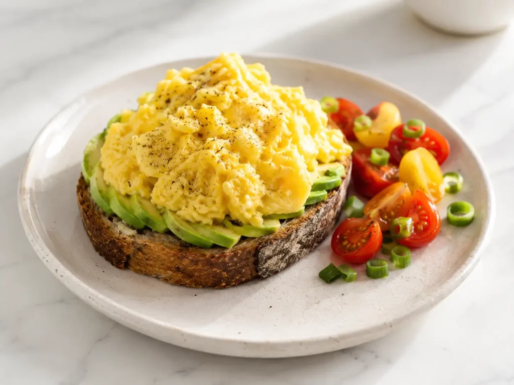 Avocado Toast with Scrambled Egg on buttered toast with creamy avocado and soft scrambled eggs