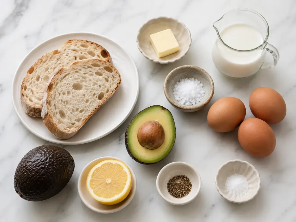 Ingredients for avocado toast with scrambled egg arranged on a marble countertop, including sourdough bread, avocado, eggs, butter, lemon, cream, sea salt, and black pepper.
