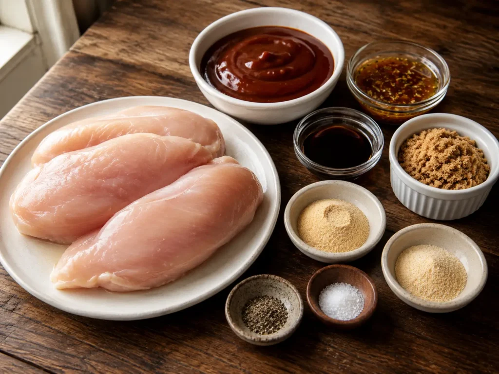Boneless chicken breasts with barbecue sauce, Italian dressing, Worcestershire sauce, brown sugar, garlic powder, onion powder, salt, and black pepper arranged on a rustic wooden table.