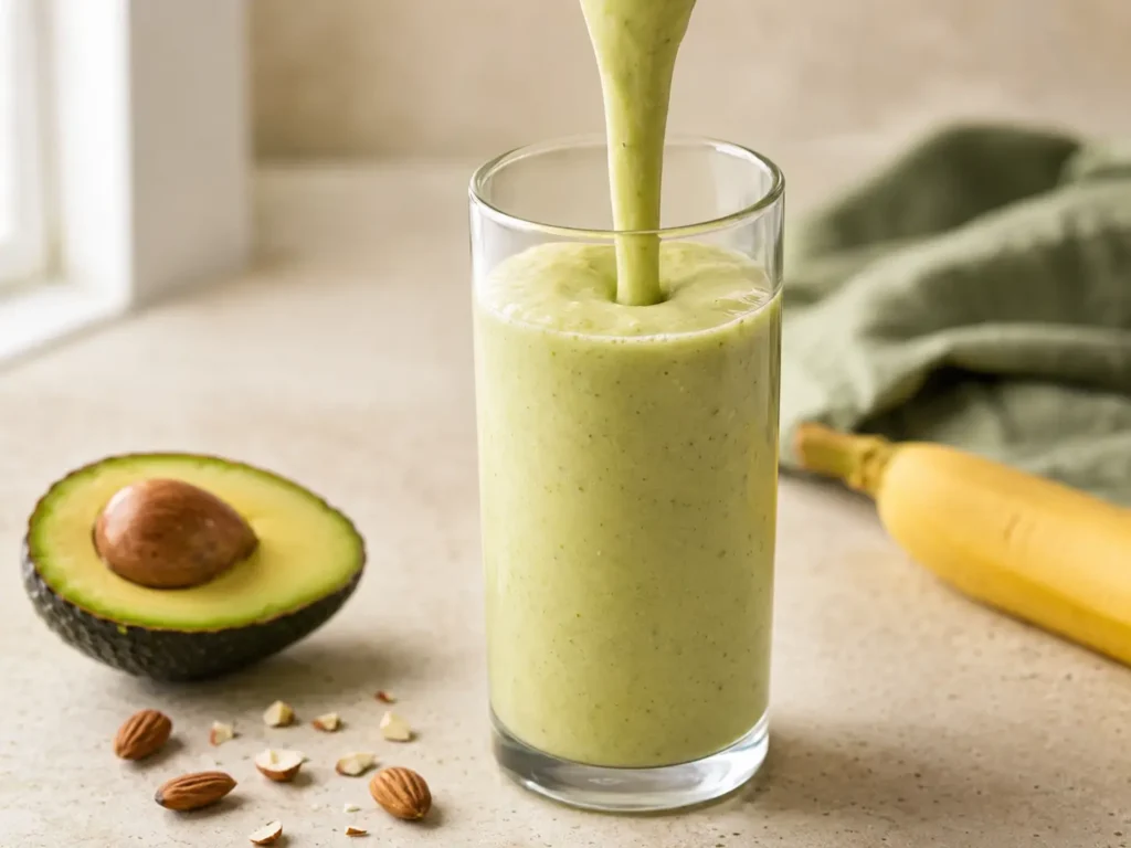 Creamy Banana Avocado Almond Milk Smoothie served cold in a clear glass
