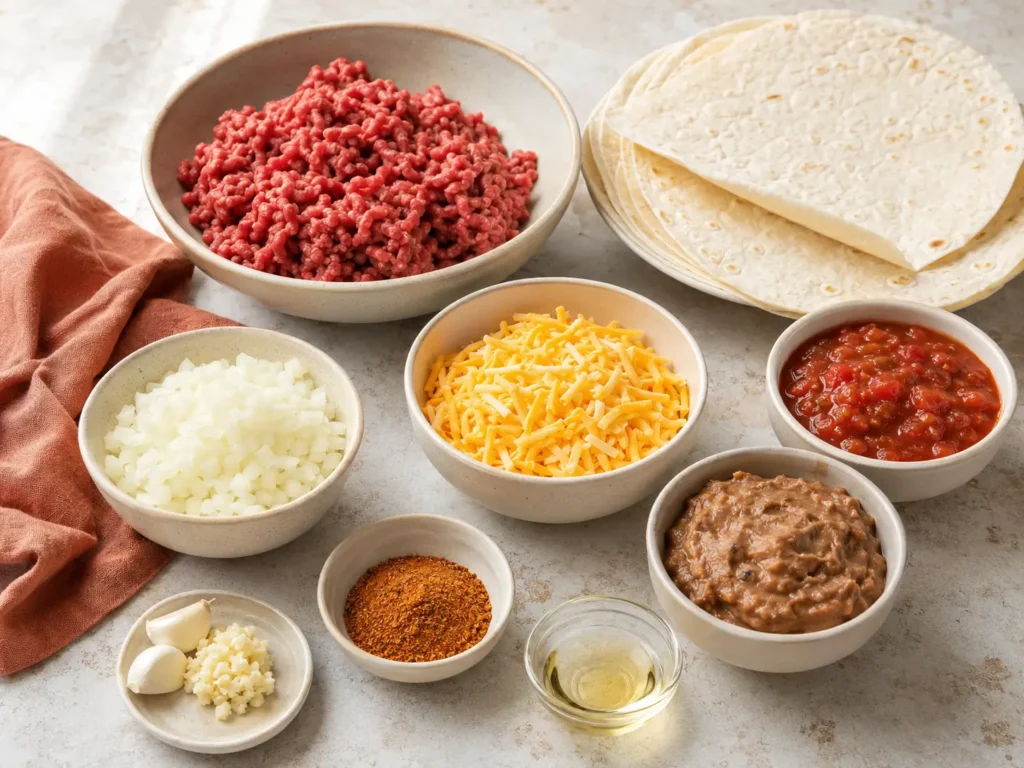 Ingredients for beef and cheese chimichangas, including ground beef, flour tortillas, shredded cheese, refried beans, salsa, onion, garlic, taco seasoning, and vegetable oil.