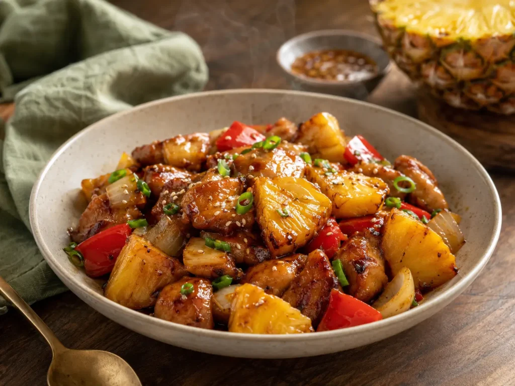 Brown Sugar Pineapple Chicken with sticky glaze, sliced green onions, sesame seeds, and steamed rice
