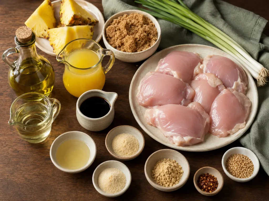 Brown sugar pineapple chicken ingredients with raw chicken, pineapple, brown sugar, soy sauce, oils, vinegar, spices, green onions, and sesame seeds.