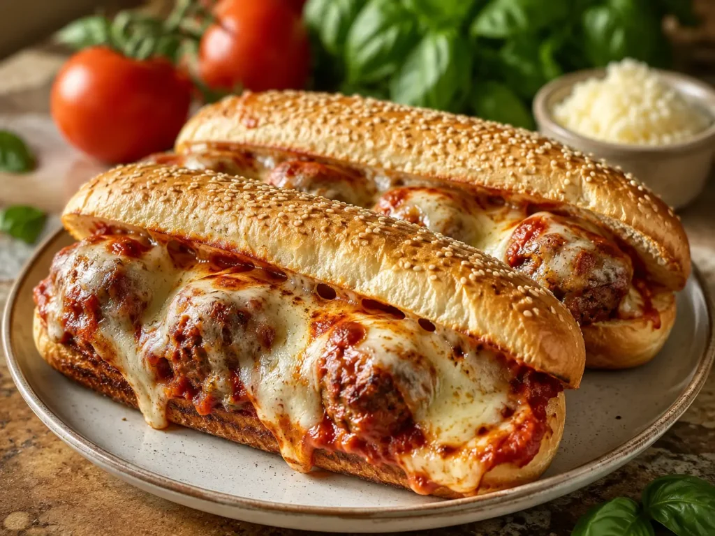 Cheesy Meatball Subs with marinara and melted mozzarella in toasted rolls