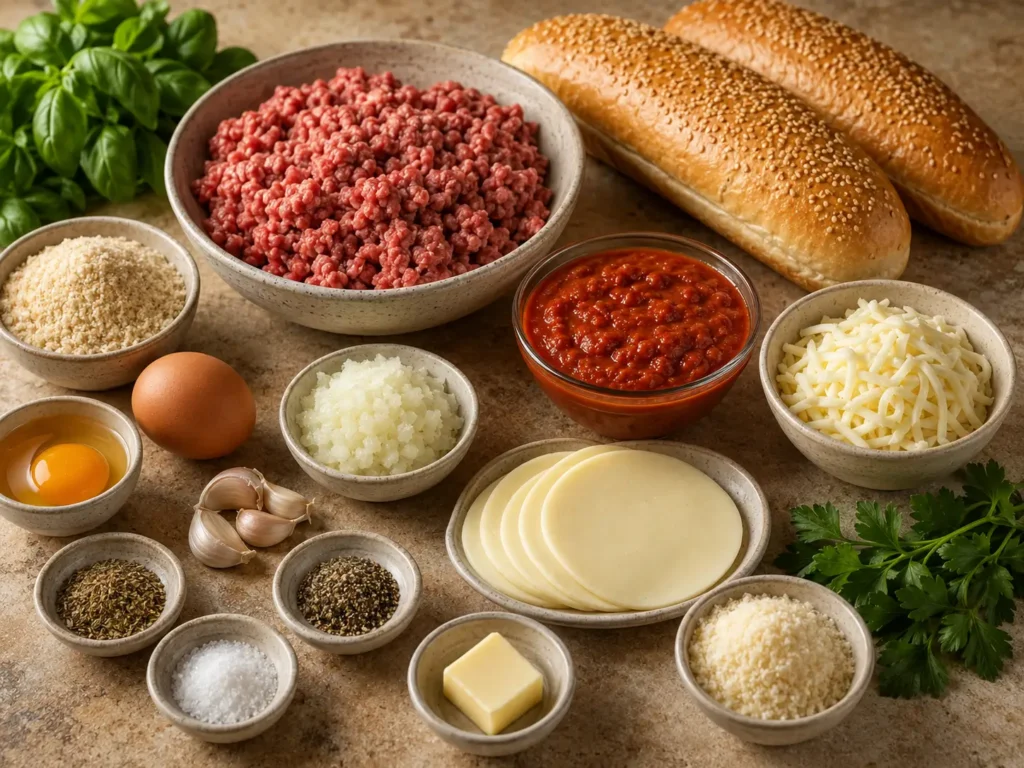 Ingredients for cheesy meatball subs, including ground beef, sesame rolls, marinara sauce, mozzarella, provolone, Parmesan, breadcrumbs, egg, onion, garlic, herbs, butter, salt, and pepper.