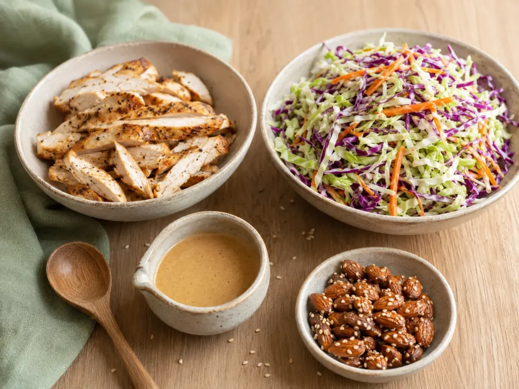 Seasoned chicken strips, shredded coleslaw mix, sesame dressing, and sesame-honey almonds arranged in ceramic bowls.