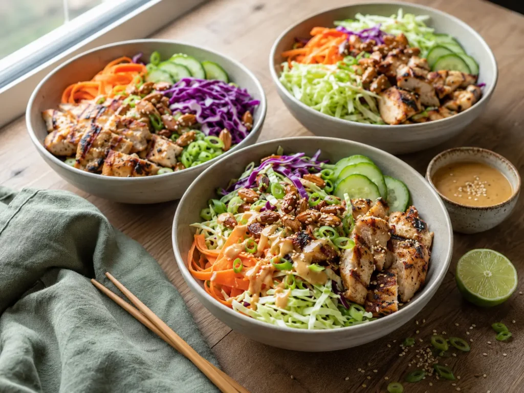 Chicken and Cabbage Salad Bowls with sesame dressing and crunchy almonds