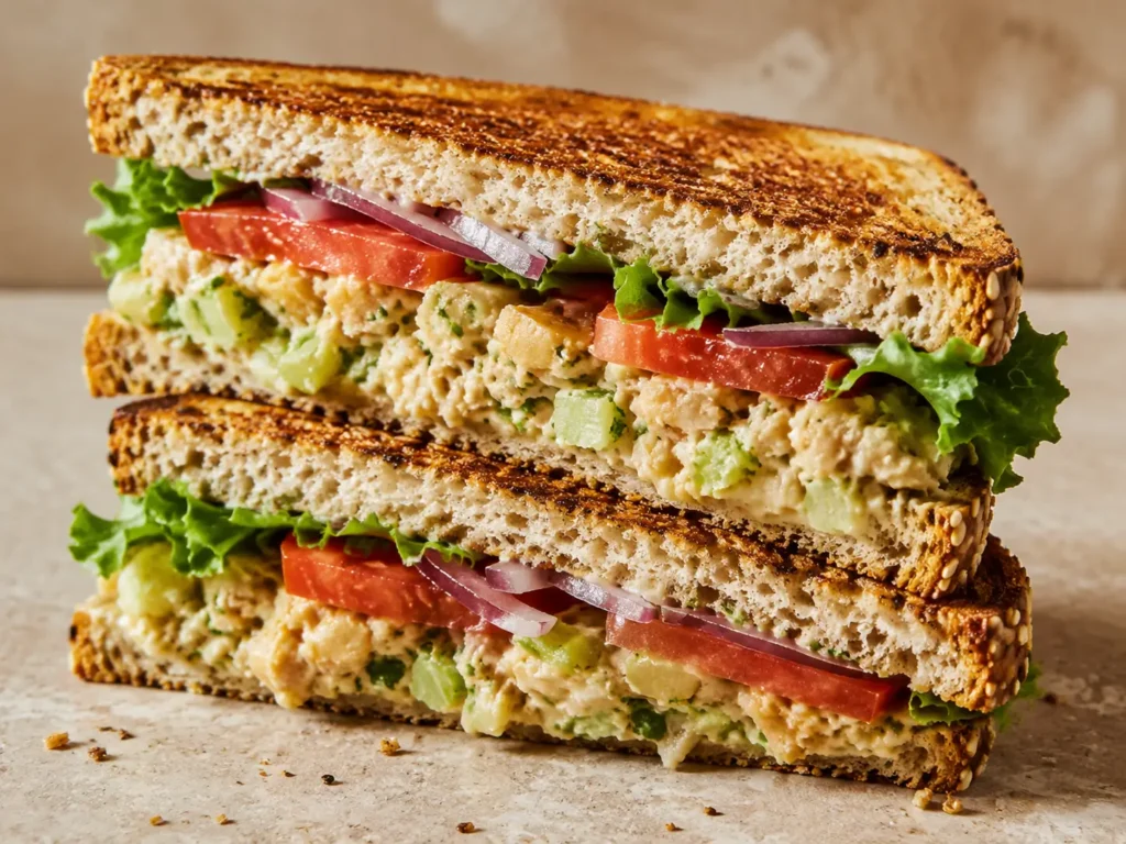 Chickpea Salad Sandwich with tomato, lettuce, red onion, and creamy dill filling