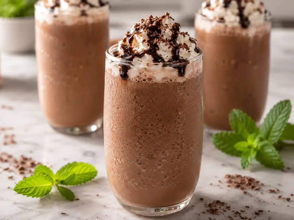 Copycat Mocha Frappe in a tall glass with whipped cream and chocolate drizzle