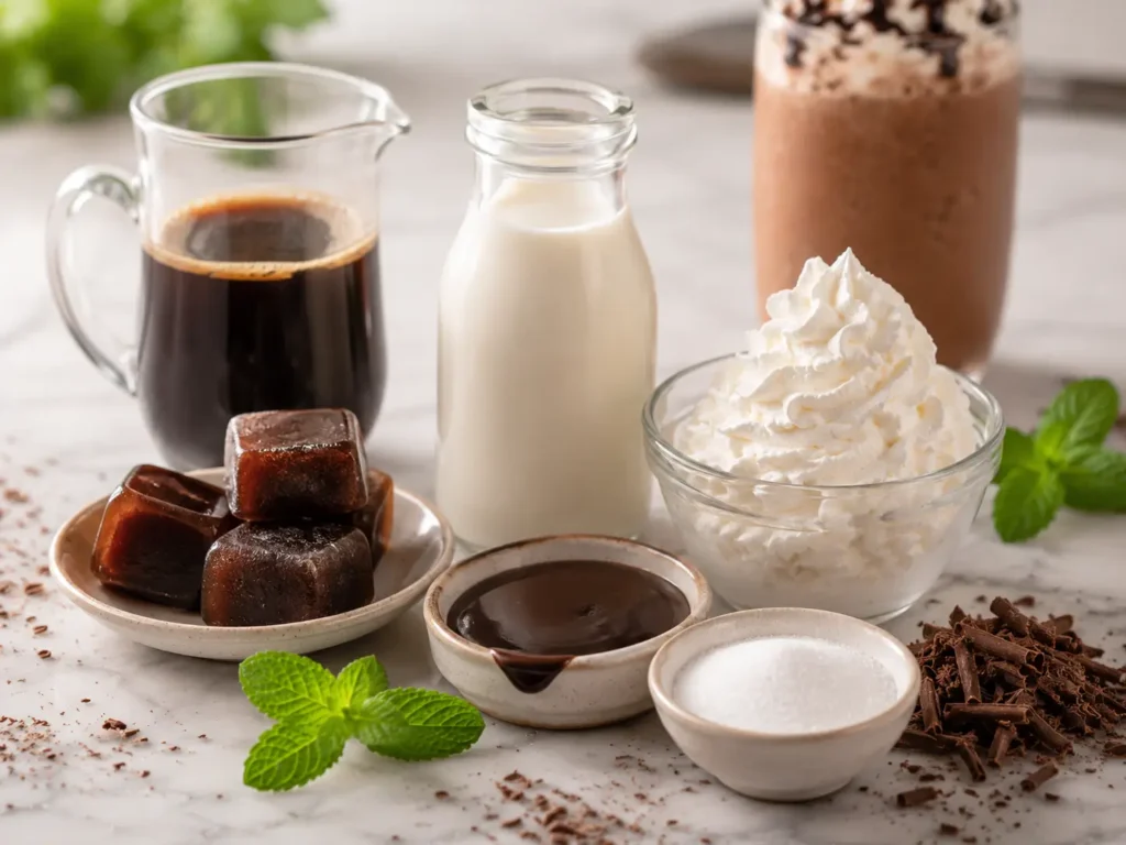 Ingredients for a copycat mocha frappe arranged on a marble surface with cold coffee, almond milk, frozen coffee cubes, chocolate syrup, sugar, whipped cream, shaved chocolate, mint, and a finished mocha frappe in the background.
