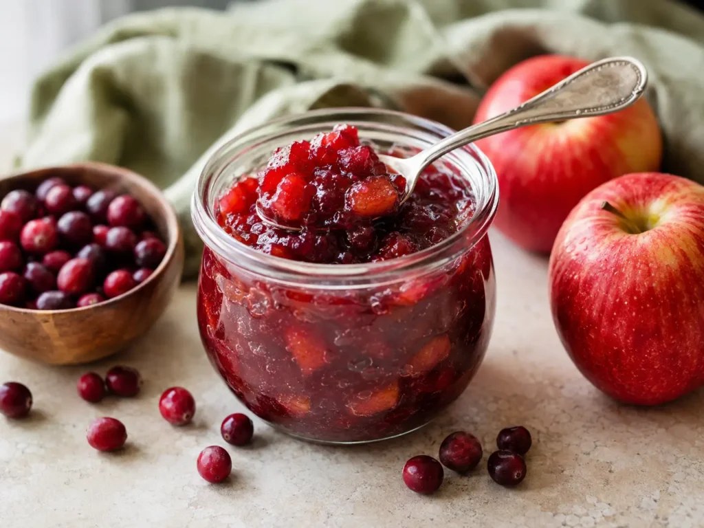 Homemade Cranberry Apple Jam with chunky apples in a glass jar