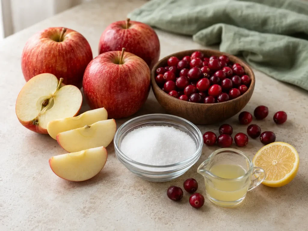 Fresh red apples, cranberries, granulated sugar, and lemon juice arranged on a cream stone countertop for homemade cranberry apple jam.
