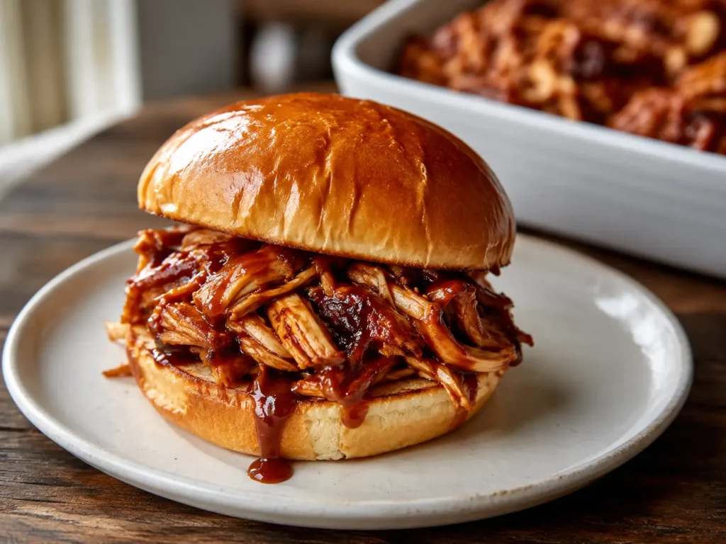 Crockpot BBQ Chicken served on soft sandwich buns with coleslaw