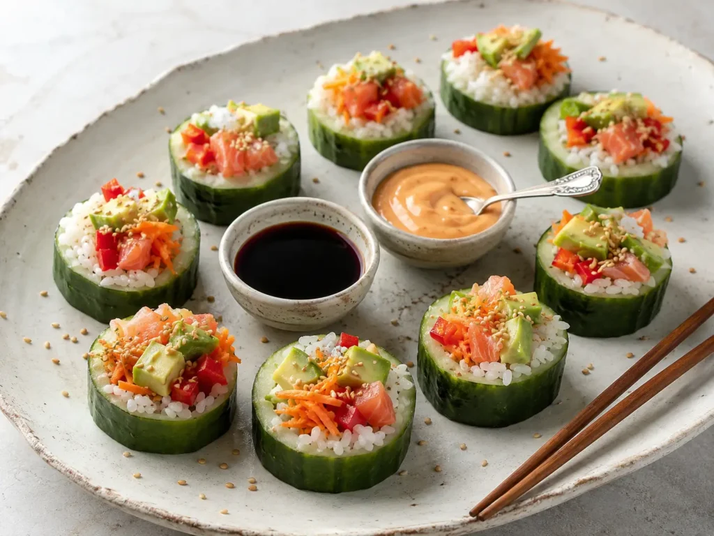 Cucumber Sushi filled with rice, smoked salmon, avocado, carrots, and red bell pepper