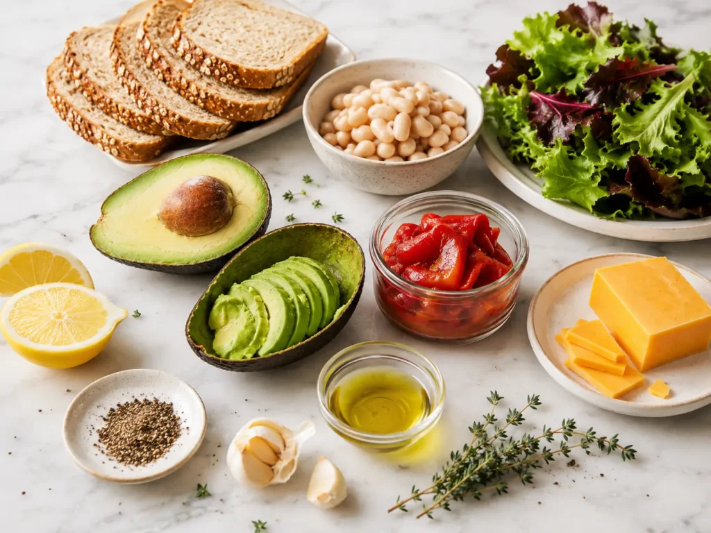 Fresh ingredients for an avocado white bean sandwich arranged on a marble surface, including avocados, white beans, lemon, olive oil, garlic, thyme, whole-wheat bread, roasted red peppers, Cheddar cheese, baby lettuce, and black pepper.