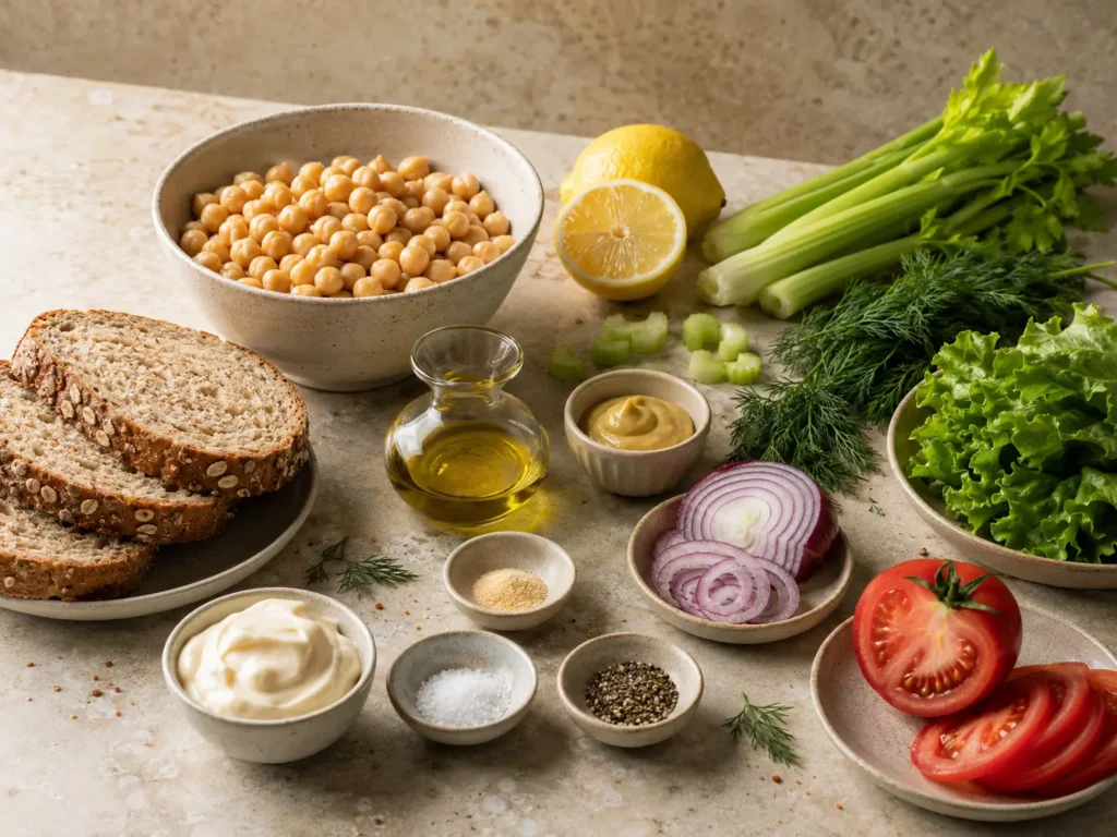 Chickpea Salad Sandwich ingredients with chickpeas, whole-grain bread, celery, dill, lettuce, tomato, red onion, and lemon.