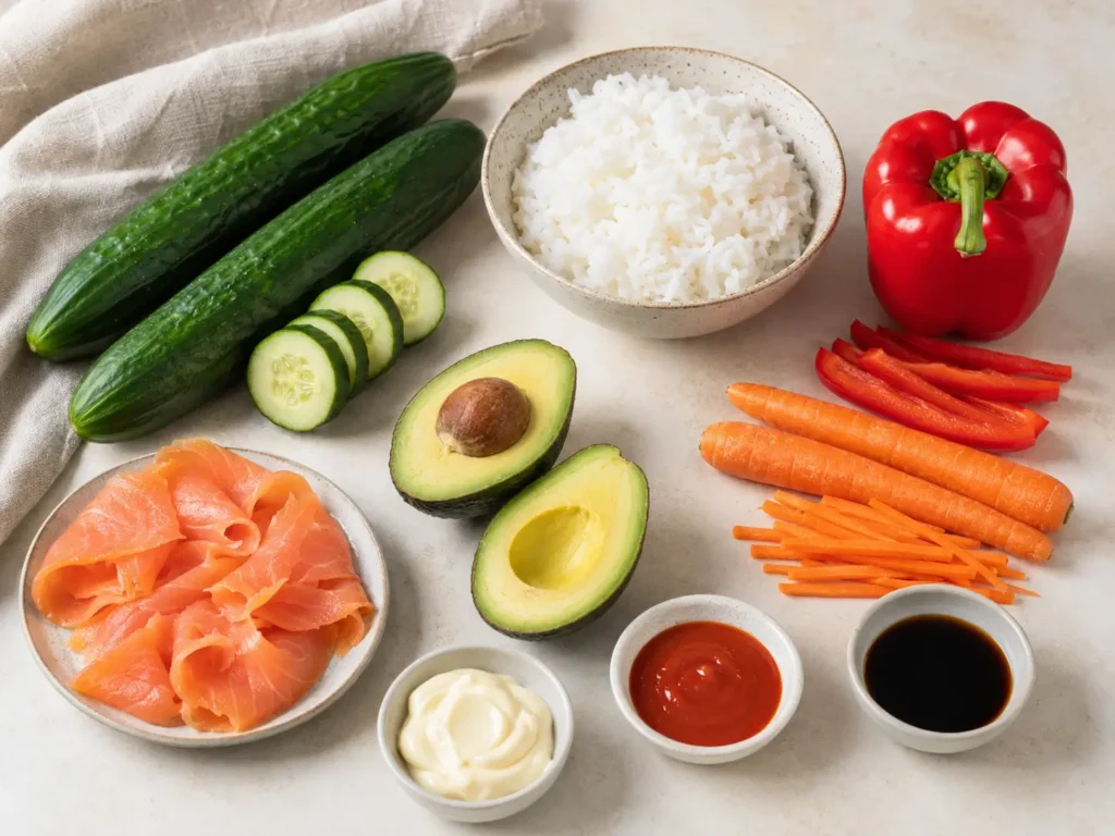Fresh cucumber sushi ingredients with cucumbers, sushi rice, smoked salmon, avocado, red bell pepper, carrots, mayonnaise, sriracha, and soy sauce.