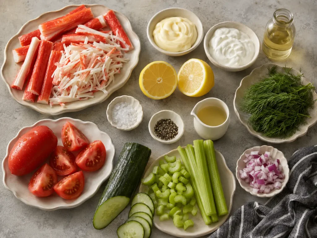Fresh surimi salad ingredients with imitation crab, cucumber, celery, tomatoes, red onion, dill, lemon, mayonnaise, Greek yogurt, rice vinegar, salt, and black pepper.