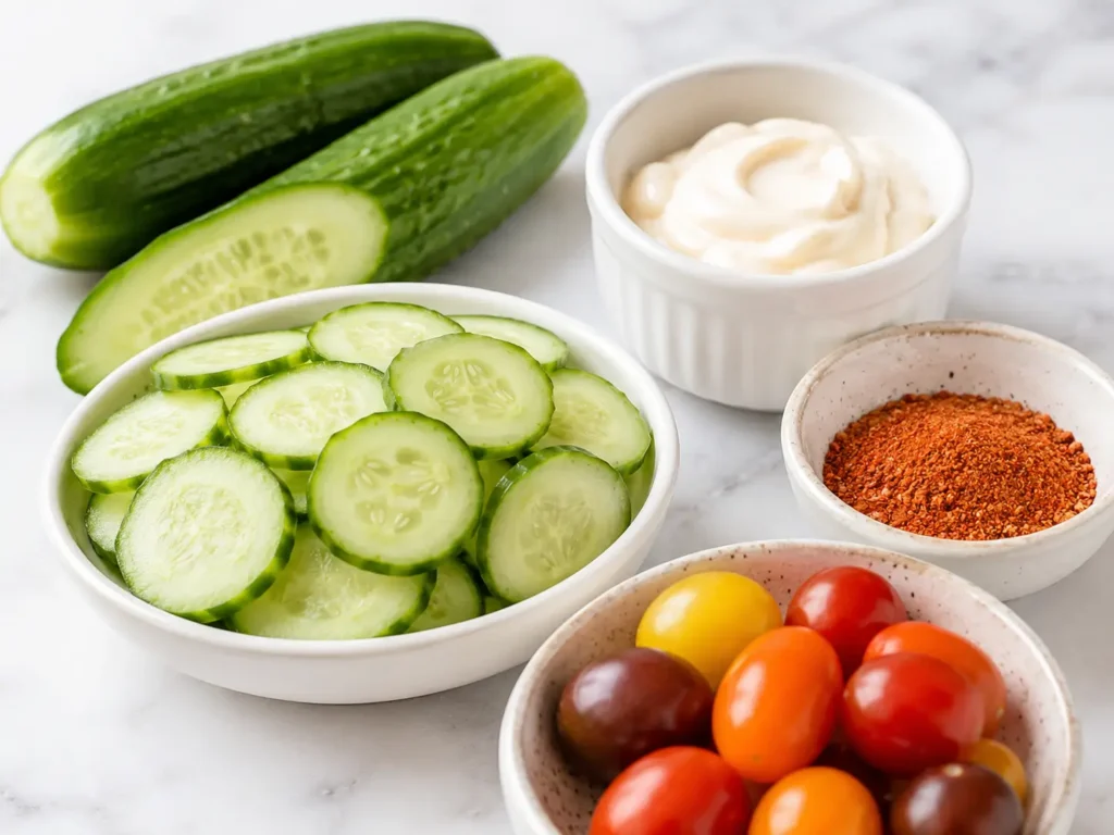 Fresh ingredients for Tajin Cucumber Salad with sliced cucumbers, whole cucumbers, cherry tomatoes, mayonnaise, and red chili-lime seasoning in small bowls on a light marble surface.