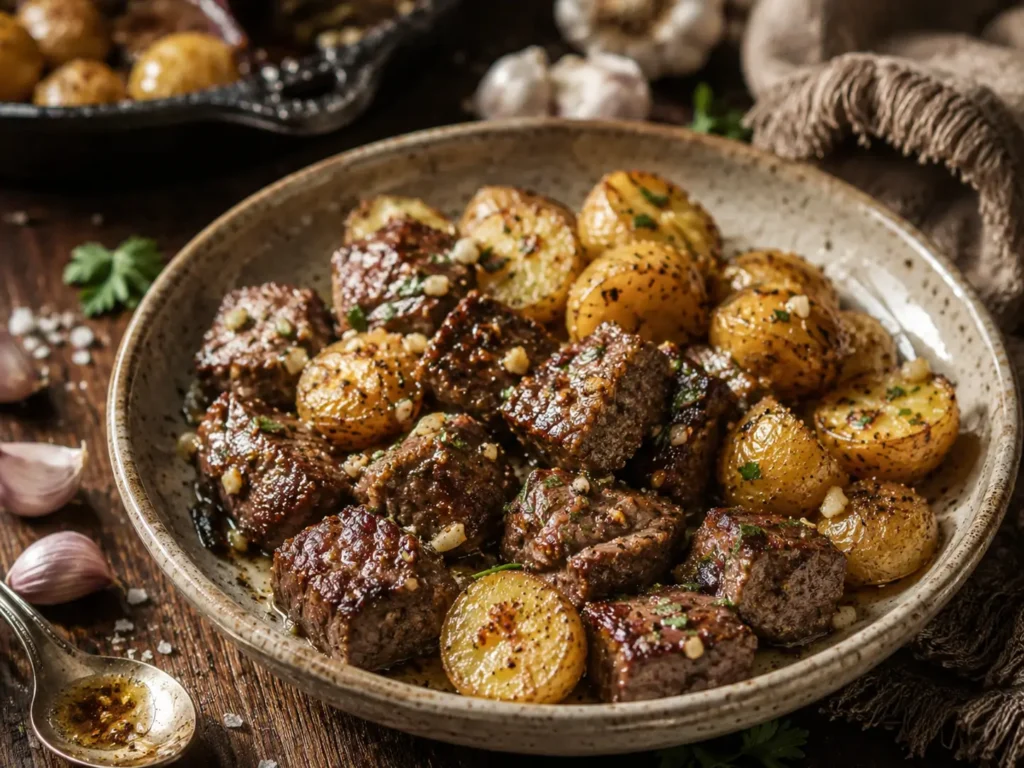 Garlic Steak Bites and Potatoes in a skillet with golden potatoes and garlic butter