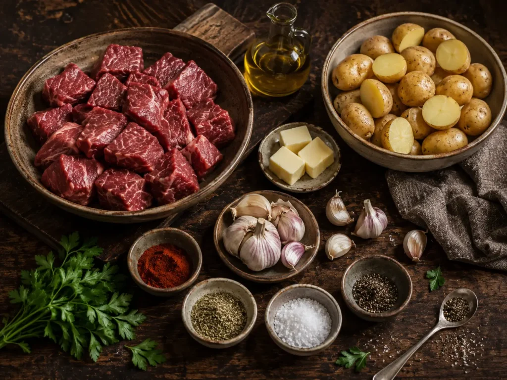 Raw sirloin steak cubes, baby potatoes, garlic, butter, olive oil, paprika, Italian herbs, salt, black pepper, and fresh parsley arranged on a rustic wooden table for Garlic Steak Bites and Potatoes.