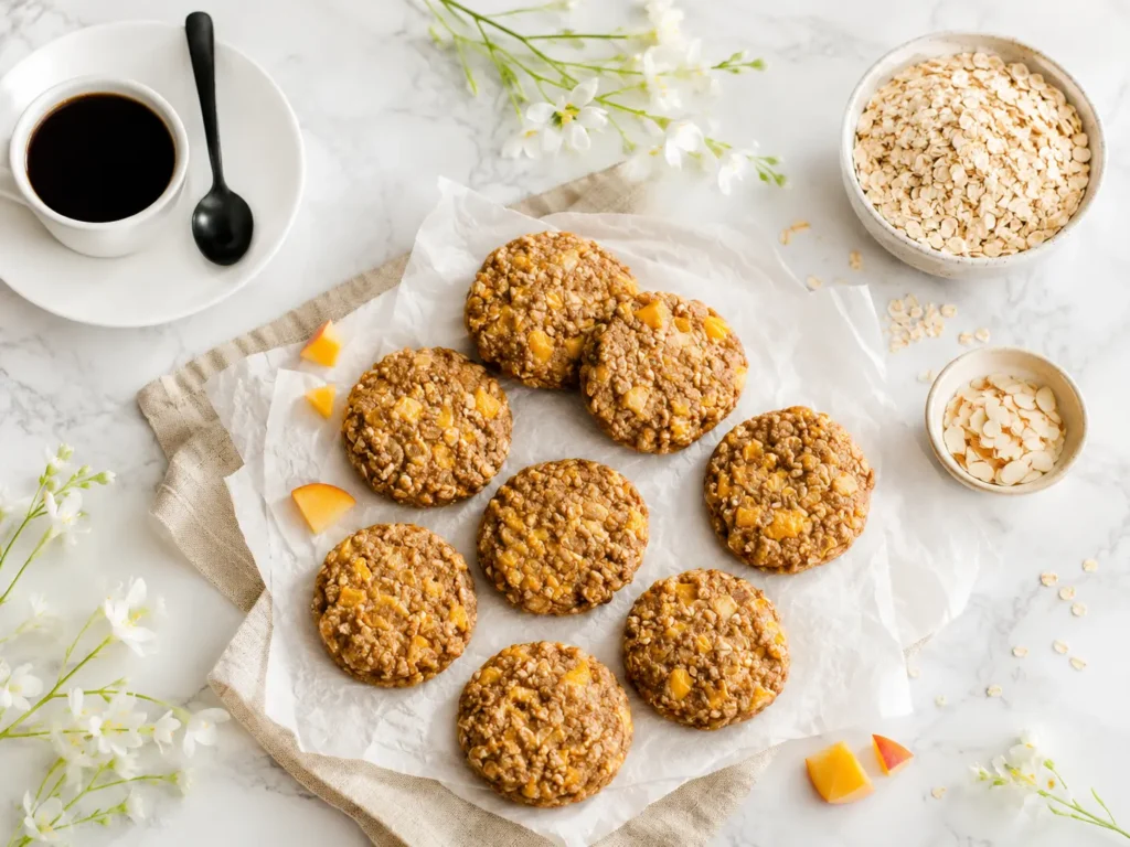 Peach Oatmeal Breakfast Cookies stacked on a plate with diced peaches and oats