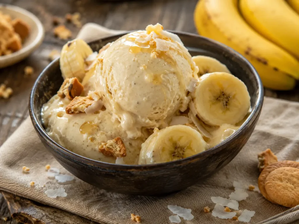 Homemade Banana Ice Cream scooped into a bowl with creamy banana texture