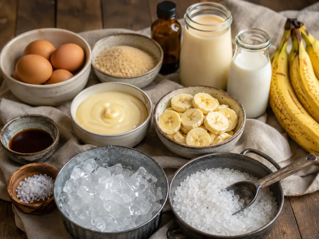 Rustic ingredient setup for homemade banana ice cream with eggs, bananas, cane sugar, condensed milk, evaporated milk, whole milk, vanilla, sea salt, crushed ice, and rock salt on a wooden table.
