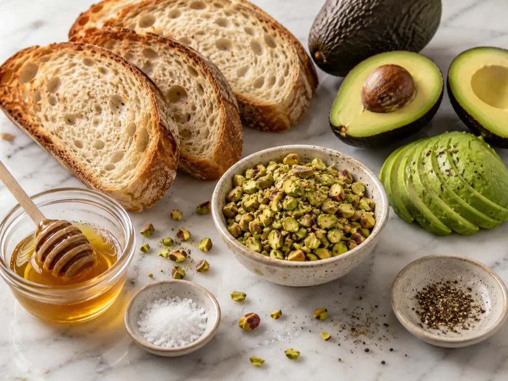 Rustic sourdough bread, ripe avocado, chopped pistachios, golden honey, sea salt, and black pepper arranged on a white marble surface.