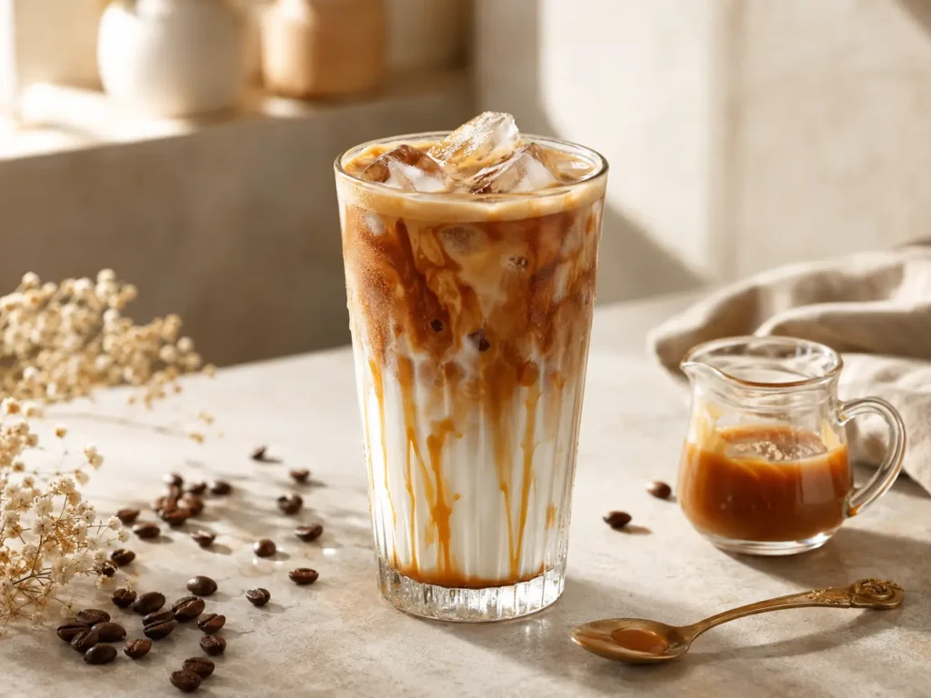 Homemade Iced Caramel Macchiato with layered espresso, cold milk, ice, and caramel drizzle