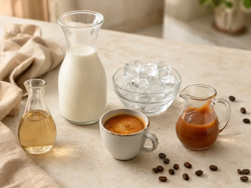 Vanilla syrup, 2% milk, ice cubes, espresso, and caramel sauce arranged on a warm stone countertop.