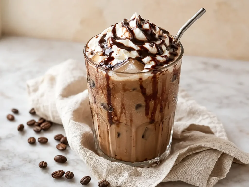 Iced Mocha Recipe served over ice with whipped cream and chocolate