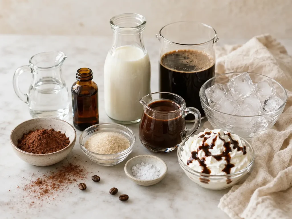 Iced mocha ingredients arranged on marble, including cocoa powder, sugar, sea salt, vanilla, milk, coffee, mocha syrup, ice, and whipped cream.