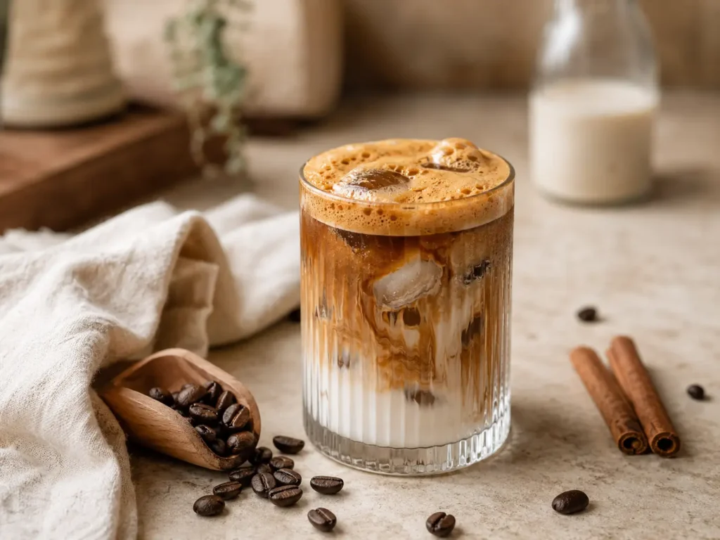 Iced Shaken Espresso with creamy milk swirls and golden foam over ice