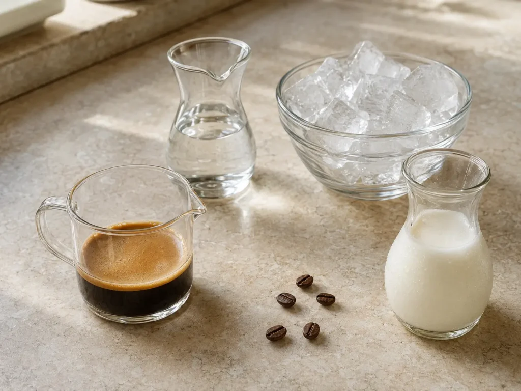 Espresso, simple syrup, ice cubes, and 2% milk arranged on a warm beige stone countertop.